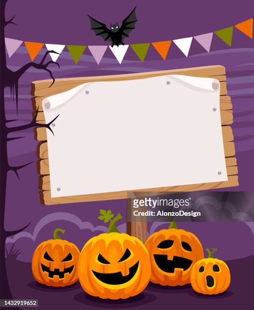 bildbanksillustrationer, clip art samt tecknat material och ikoner med halloween night. scary halloween pumpkin faces. wooden banner sign. - cover monster face
