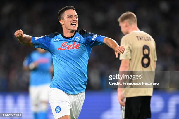 Giacomo Raspadori of SSC Napoli celebrates after scoring the second goal during the UEFA Champions League group A match between SSC Napoli and AFC...