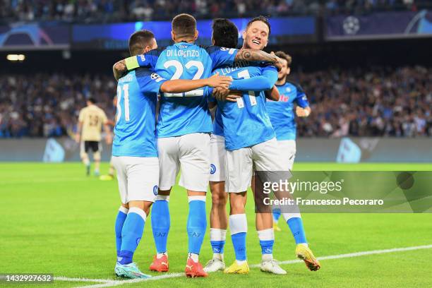 Hirving Lozano of SSC Napoli celebrates after scoring the first goal during the UEFA Champions League group A match between SSC Napoli and AFC Ajax...