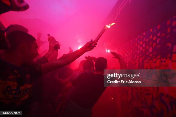 Barcelona fans show their support with flares outside the stadium prior to the UEFA Champions League group C match between FC Barcelona and FC...