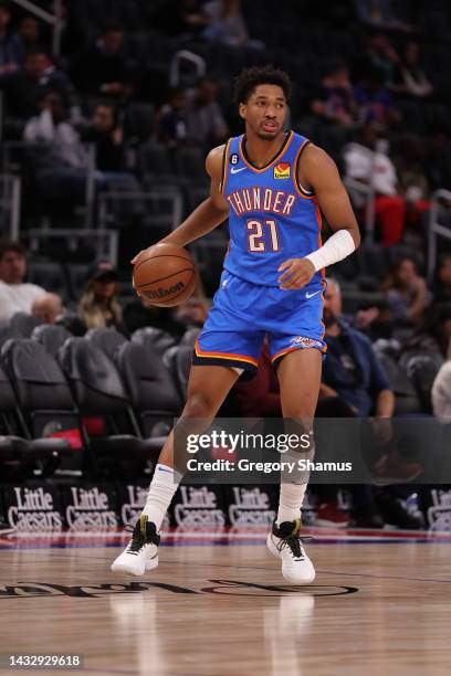 Aaron Wiggins of the Oklahoma City Thunder plays against the Detroit Pistons at Little Caesars Arena on October 11, 2022 in Detroit, Michigan. NOTE...