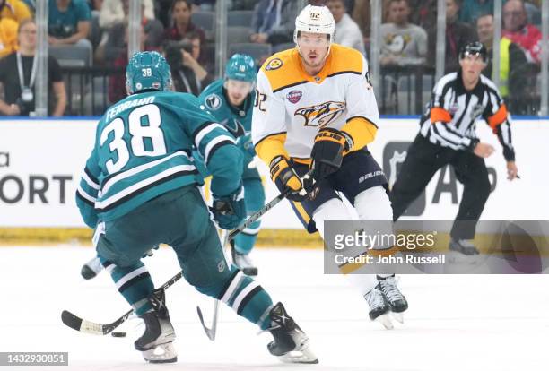 Ryan Johansen of the Nashville Predators plays against the San Jose Sharks during the third period of the 2022 NHL Global Series Challenge Czech...