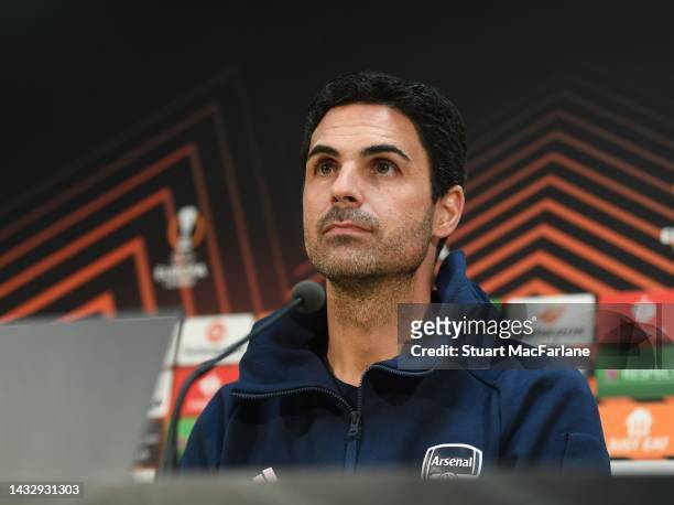 Arsenal manager Mikel Arteta attends a press conference before the UEFA Europa League group A match between FK Bodo/Glimt and Arsenal FC at Aspmyra...