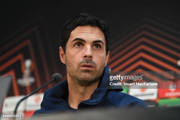 Arsenal manager Mikel Arteta attends a press conference before the UEFA Europa League group A match between FK Bodo/Glimt and Arsenal FC at Aspmyra...