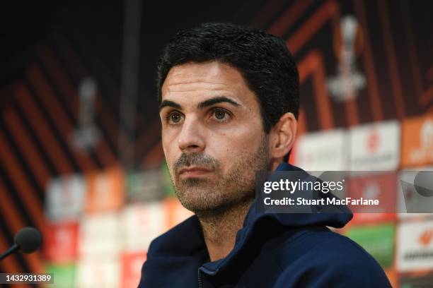 Arsenal manager Mikel Arteta attends a press conference before the UEFA Europa League group A match between FK Bodo/Glimt and Arsenal FC at Aspmyra...