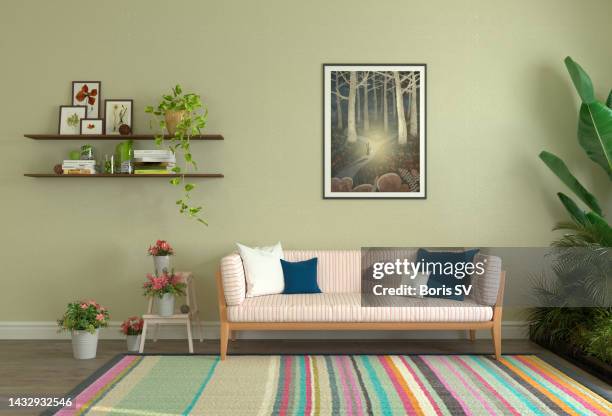 living room with picture of rabbit - living room dark stock-fotos und bilder