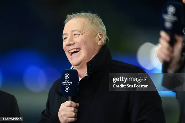 Ally McCoist, former professional player and pundit reacts prior to the UEFA Champions League group A match between Rangers FC and Liverpool FC at...