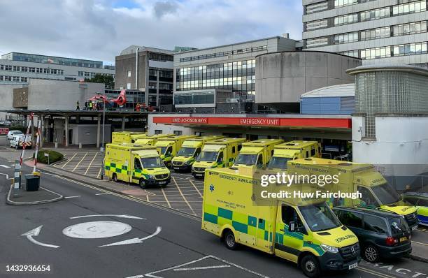 View of the Accident and Emergency Unit at the University Hospital Wales showing ambulances parked outside the Emergency unit together with one of...