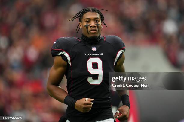 Isaiah Simmons of the Arizona Cardinals runs out during introductions against the Philadelphia Eagles at State Farm Stadium on October 9, 2022 in...