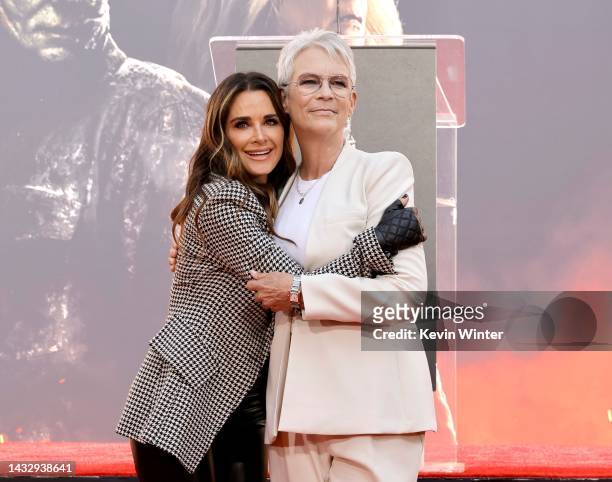 Kyle Richards and Jamie Lee Curtis attend the Jamie Lee Curtis Hand and Footprint In Cement Ceremony at TCL Chinese Theatre on October 12, 2022 in...