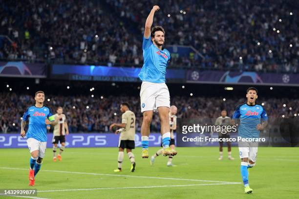 Khvicha Kvaratskhelia of SSC Napoli celebrates after scoring his team's third goal during the UEFA Champions League group A match between SSC Napoli...