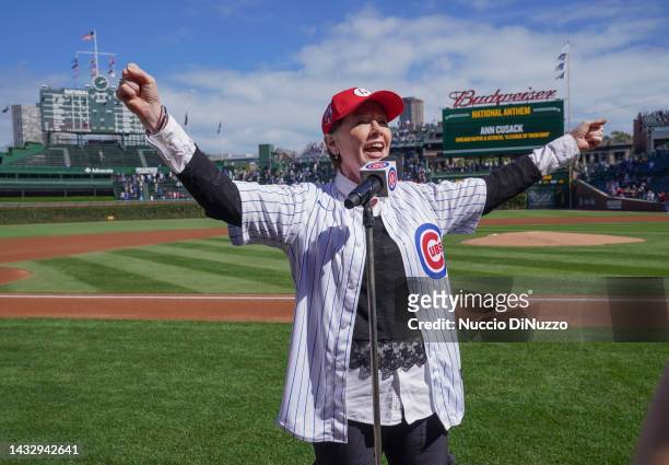Actress Ann Cusack sings the National Anthem prior to a game. Between the Chicago Cubs and the Philadelphia Phillies at Wrigley Field on September...