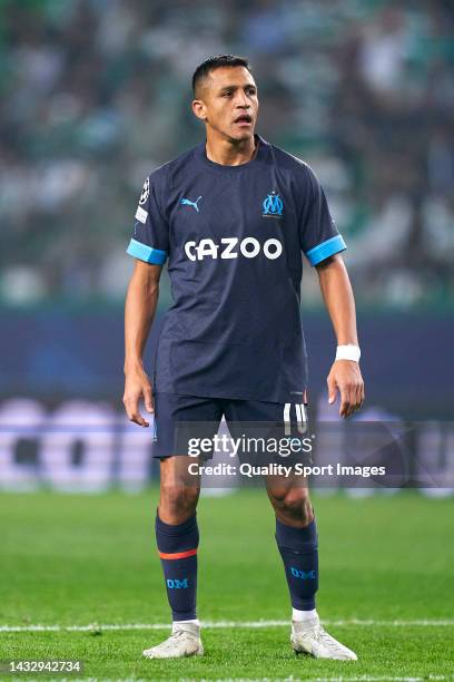 Alexis Sanchez of Olympique Marseille looks on during the UEFA Champions League group D match between Sporting CP and Olympique Marseille at Estadio...