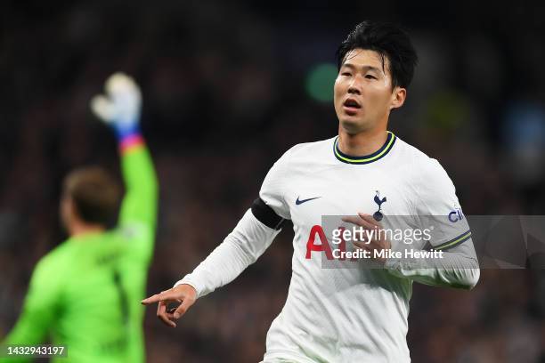 Son Heung-Min of Tottenham Hotspur celebrates after scoring their team's first goal during the UEFA Champions League group D match between Tottenham...