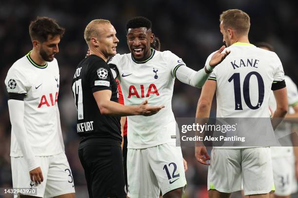 Emerson of Tottenham Hotspur speaks to Sebastian Rode of Eintracht Frankfurt during the UEFA Champions League group D match between Tottenham Hotspur...