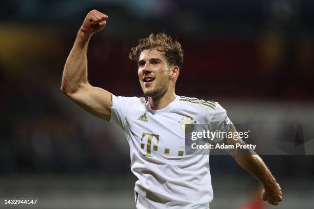 Leon Goretzka of Bayern Munich celebrates after scoring their team's third goal during the UEFA Champions League group C match between Viktoria Plzen...