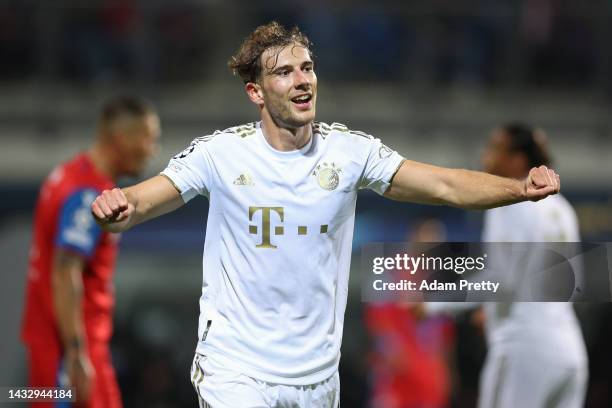 Leon Goretzka of Bayern Munich celebrates after scoring their team's third goal during the UEFA Champions League group C match between Viktoria Plzen...