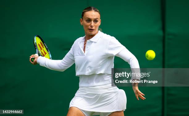 Ana Bogdan of Romania in action against Liudmila Samsonova in the first round during Day One of The Championships Wimbledon 2023 at All England Lawn...