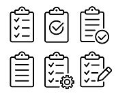 Clipboard icon set. Checklist on the clipboard line icon with checkmarks, checklist, document, gear, pencil. Clipboard outline icons. Checklist symbol. Editable stroke. Isolated. Vector illustration