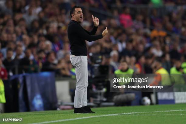 Xavi Hernandez Head coach of FC Barcelona reacts during the UEFA Champions League group C match between FC Barcelona and FC Internazionale at Spotify...