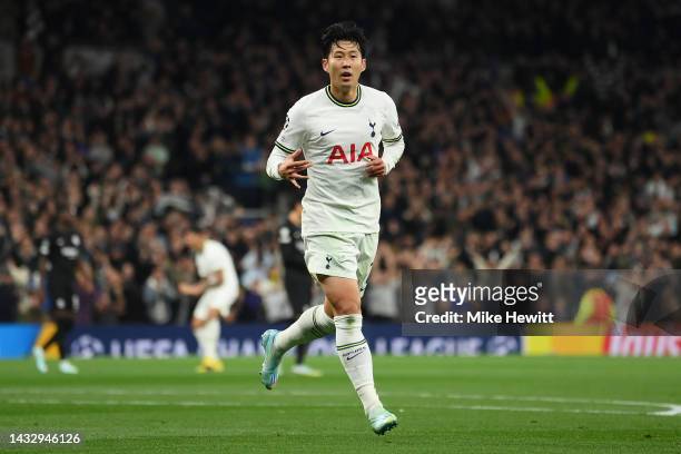 Son Heung-Min of Tottenham Hotspur celebrates after scoring their team's third goal during the UEFA Champions League group D match between Tottenham...