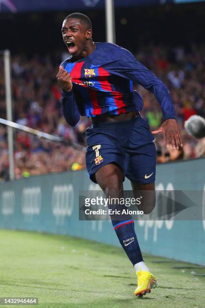 Ousmane Dembele of FC Barcelona celebrates after scoring their team's first goalduring the UEFA Champions League group C match between FC Barcelona...