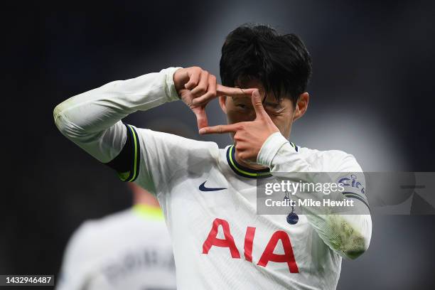 Son Heung-Min of Tottenham Hotspur celebrates after scoring their team's third goal during the UEFA Champions League group D match between Tottenham...