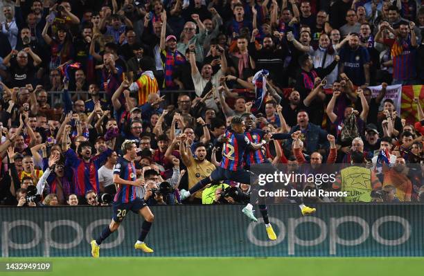 Ousmane Dembele of FC Barcelona celebrates after scoring their team's first goal during the UEFA Champions League group C match between FC Barcelona...