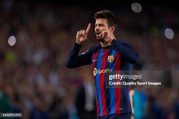 Gerard Pique of FC Barcelona reacts during the UEFA Champions League group C match between FC Barcelona and FC Internazionale at Spotify Camp Nou on...