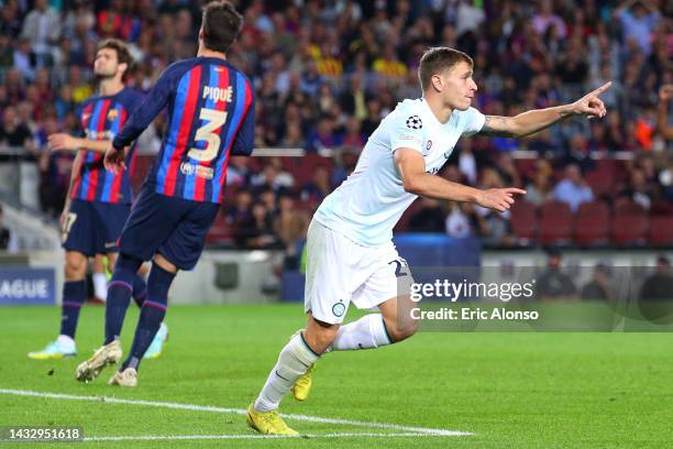 Nicolo Barella of FC Internazionale celebrates after scoring their team's first goal during the UEFA Champions League group C match between FC...