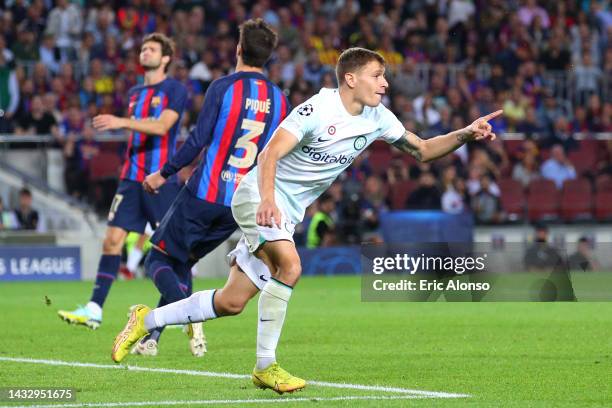 Nicolo Barella of FC Internazionale celebrates after scoring their team's first goal during the UEFA Champions League group C match between FC...