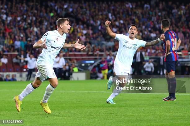 Nicolo Barella of FC Internazionale celebrates after scoring their team's first goal during the UEFA Champions League group C match between FC...