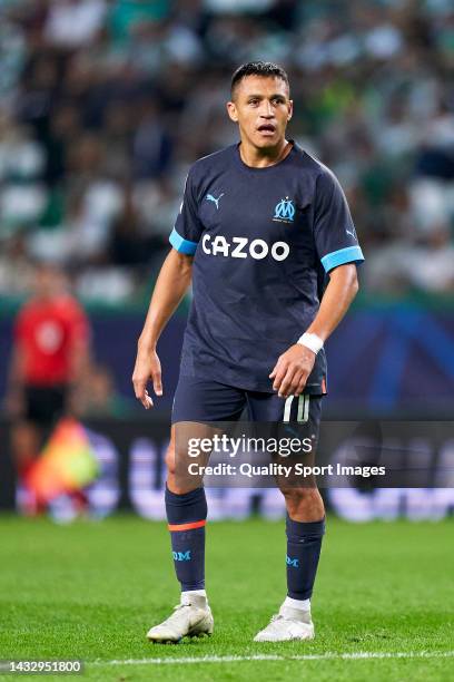 Alexis Sanchez of Olympique Marseille looks on during the UEFA Champions League group D match between Sporting CP and Olympique Marseille at Estadio...