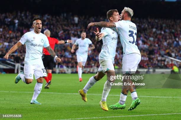 Nicolo Barella of FC Internazionale celebrates after scoring their team's first goal during the UEFA Champions League group C match between FC...