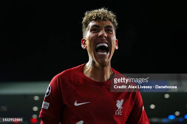 Roberto Firmino of Liverpool FC celebrates after scoring their second goal during the UEFA Champions League group A match between Rangers FC and...