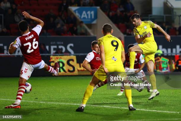 Andrew Hughes of Preston North End scores their team's first goal during the Sky Bet Championship between Bristol City and Preston North End at...