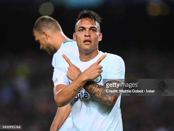 Lautaro Martinez of FC Internazionale celebrates after scoring a goal during the UEFA Champions League group C match between FC Barcelona and FC...