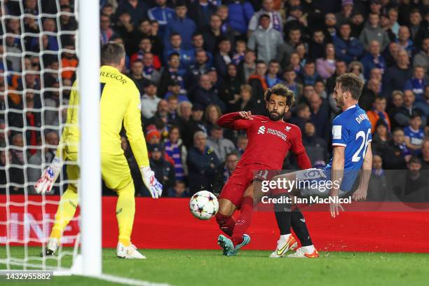 Mohamed Salah of Liverpool scores their team's fourth goal during the UEFA Champions League group A match between Rangers FC and Liverpool FC at...