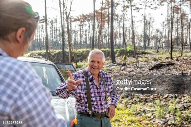 senior lumberjack and forester inspecting wildfire damage in the woods - forestry worker stock pictures, royalty-free photos & images