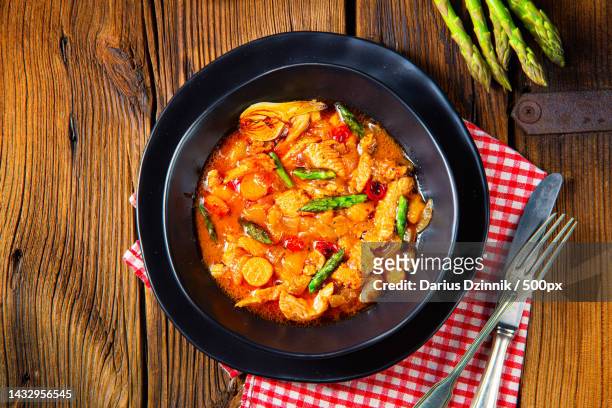directly above shot of food in plate on table - chicken stew stock pictures, royalty-free photos & images
