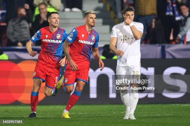 Jan Kliment of Viktoria Plzen celebrates after scoring their team's second goal during the UEFA Champions League group C match between Viktoria Plzen...