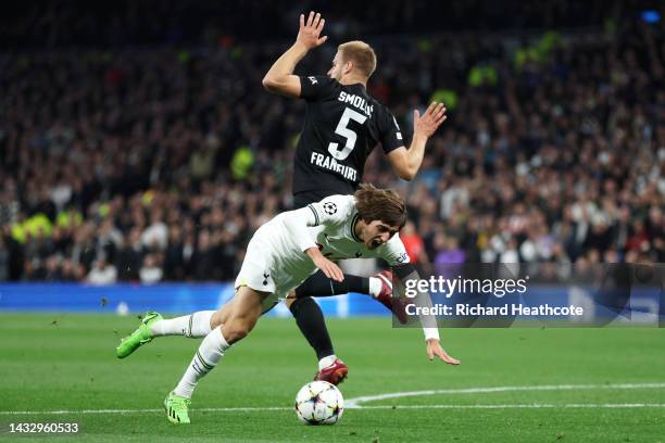 Bryan Gil of Tottenham Hotspur is fouled by Hrvoje Smolcic of Eintracht Frankfurt which leads to a penalty to Tottenham Hotspur during the UEFA...