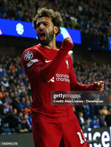 Mohamed Salah of Liverpool FC celebrates after scoring their sixth goal and his hat-trick during the UEFA Champions League group A match between...