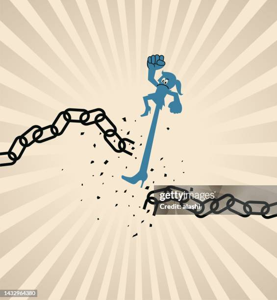 a woman breaks an iron chain with her powerful leg, the concept of breakthrough, revolution, conquering adversity, breaking the rules,  innovative force, and escaping from bondage - school rules stock illustrations