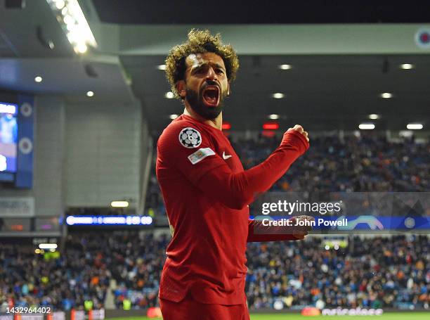 Mohamed Salah of Liverpool celabrates his hat-trick goal during the UEFA Champions League group A match between Rangers FC and Liverpool FC at Ibrox...