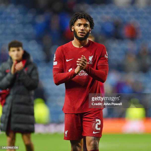 Joe Gomez of Liverpool at the end of the UEFA Champions League group A match between Rangers FC and Liverpool FC at Ibrox Stadium on October 12, 2022...