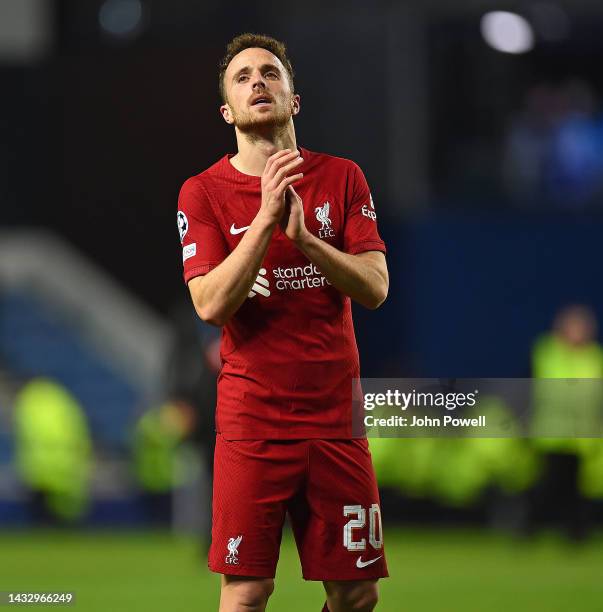 Diogo Jota of Liverpool at the end of the UEFA Champions League group A match between Rangers FC and Liverpool FC at Ibrox Stadium on October 12,...