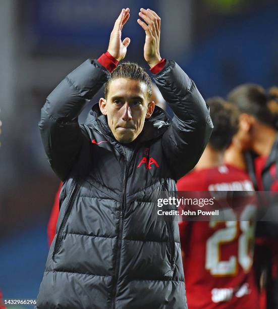 Kostas Tsimikas of Liverpool at the end of the UEFA Champions League group A match between Rangers FC and Liverpool FC at Ibrox Stadium on October...