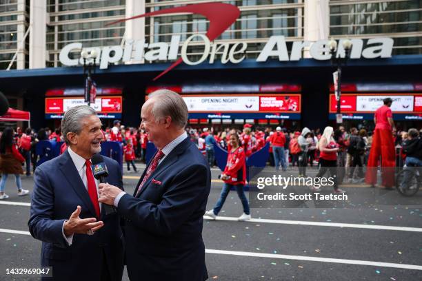 Owner Ted Leonsis of the Washington Capitals speaks with broadcaster Al Koken outside the area before the opening night game against the Boston...