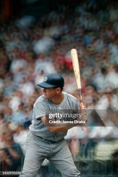 Mickey Mantle of the New York Yankees batting at Yankee Stadium circa August, 1964 in New York, New York.